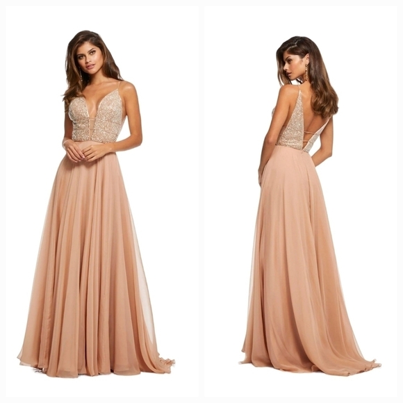 Sherri Hill Beaded Plunging V Neck Chiffon Gown in Nude Pink Color 52589 NWT - Picture 1 of 16